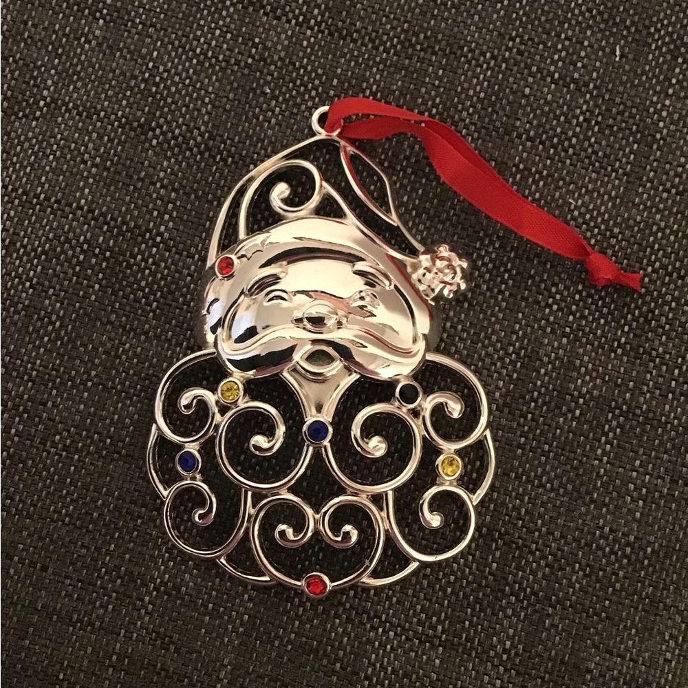 Lenox Silver Santa Face Ornament with Red Ribbon and Multicolored Jewels